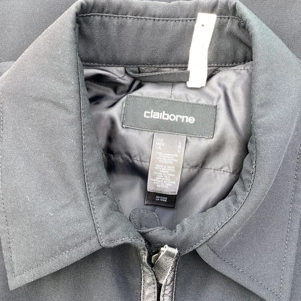 Claiborne Mens Full Zip Quilted Lined Jacket Black Faux Leather Trim Lrg *as is